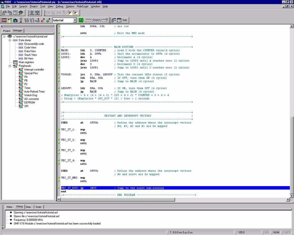 Figure 9. Simulator Environment In this environment you have several tools to help you to simulate and view what the program does. Let s have a look at the Debug toolbar: Figure 10.
