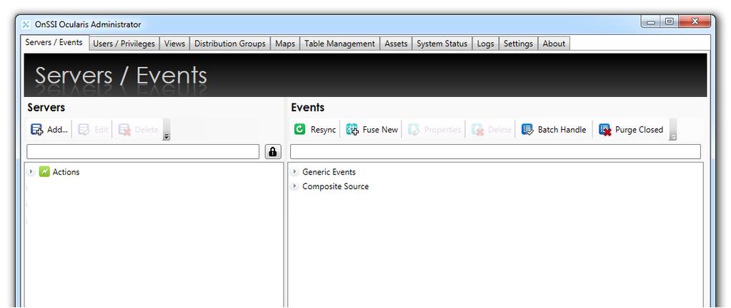 Ocularis Administrator Ocularis Administrator User Manual Server / Events Tab This tab is used to manage recorders, servers and events within the Ocularis environment.