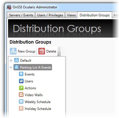 Ocularis Administrator User Manual Ocularis Administrator TO DELETE A DISTRIBUTION GROUP 1. In the Distribution Groups Tab, select the Distribution Group you wish to delete. 2.