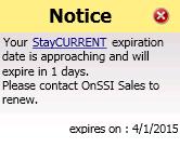 The expiration date can be found on the About tab. If the expiration date for the StayCURRENT plan is 90 days in the future (or sooner), a yellow Notice popup appears identifying the expiration date.