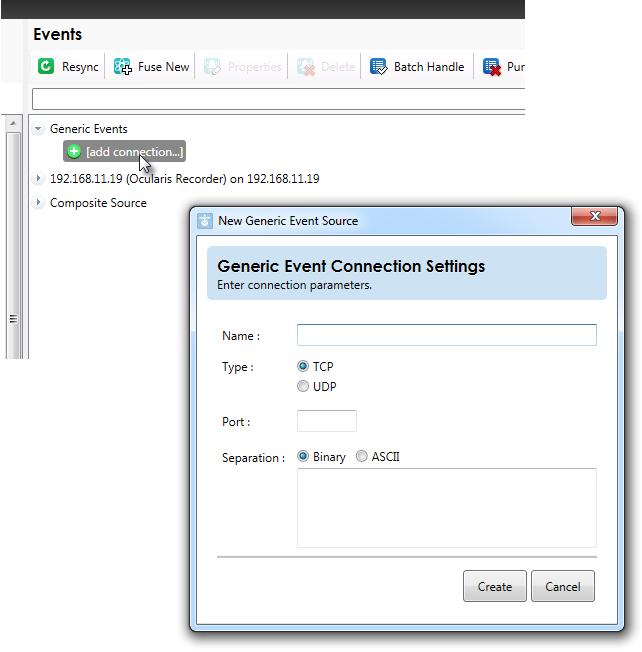 Ocularis Administrator Ocularis Administrator User Manual Figure 41 Add a Generic Event Connection 3. Fill out the fields in the resulting New Generic Event Source pop-up window as defined below.