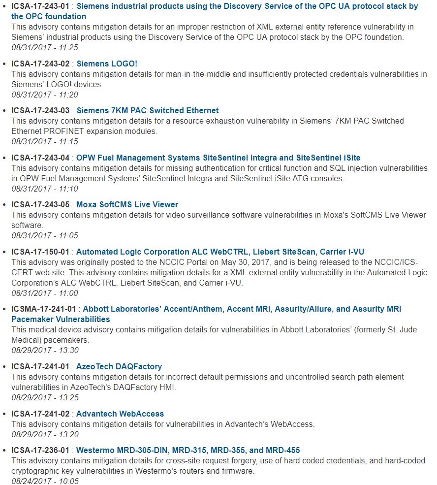 Published vulnerabilities ICS-CERT alert snapshot as