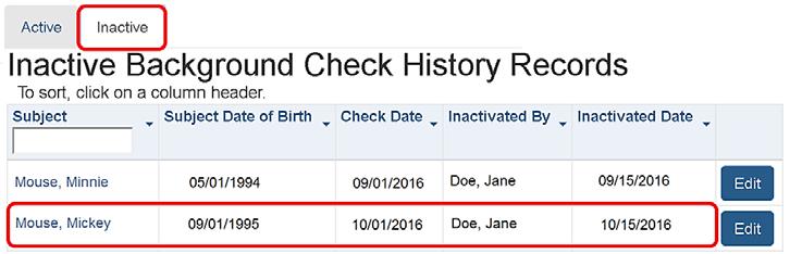 6. View individual on the Inactive background check history records list REACTIVATING AN INACTIVE BACKGROUND CHECK SUBJECT 1.