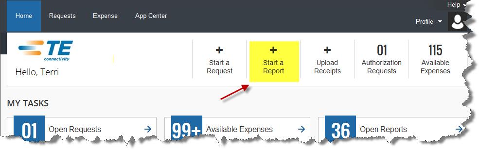 Creating a New Expense Report To create a report: 1. Either: On the home page, on the Quick Task Bar, click Start a Report.