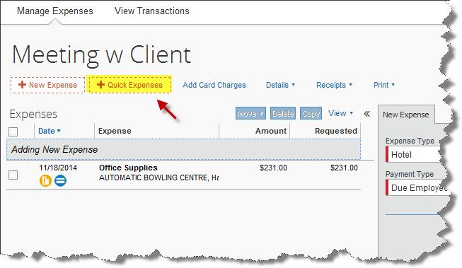 Adding Quick Expenses To add an expense to a report: 1. With the report open, click Quick Expenses. A quick-entry grid appears. 2. In the Expense Currency list, select the desired currency. 3.