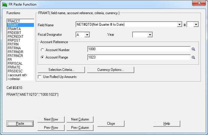 Lesson 3: Creating a Financial Report Specification 5. Click the Paste button to paste the formula into cell G10. 6. Click Close to close the FR Paste Function screen.