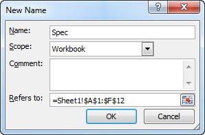 Select cells A1 through cell F12. The entire area of the specification you created is selected. 2. On the Formulas tab, in the Defined Names group, click Define Name.