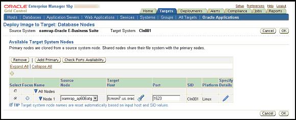 Click on the "Specify Details" icon to provide and review additional details about a particular target system database node.