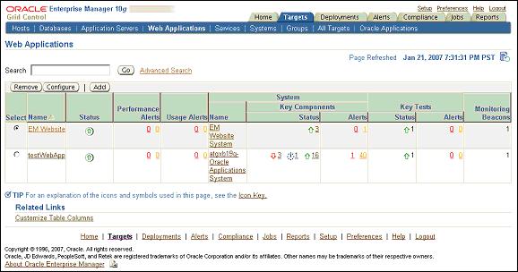 If you selected "Service Test" for determining availability of the Web application, the status of