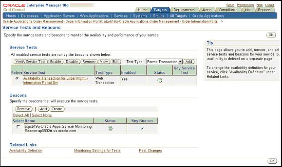 Define the availability of the Order Information Portal service by selecting the key test and key beacons.