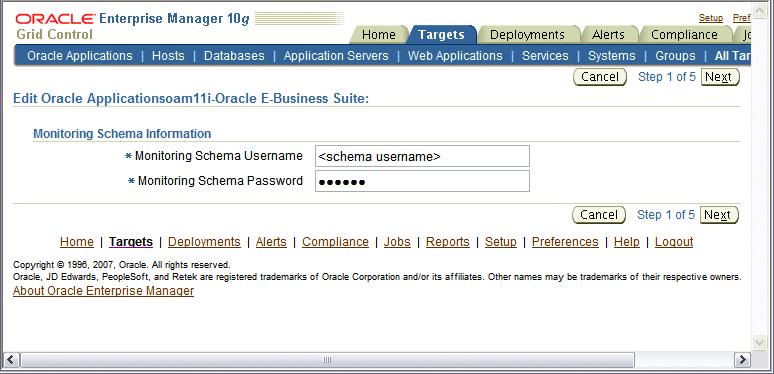 You will be prompted to review the following details: Monitoring Schema Username - This is the name of the Monitoring schema in your Oracle Applications database.