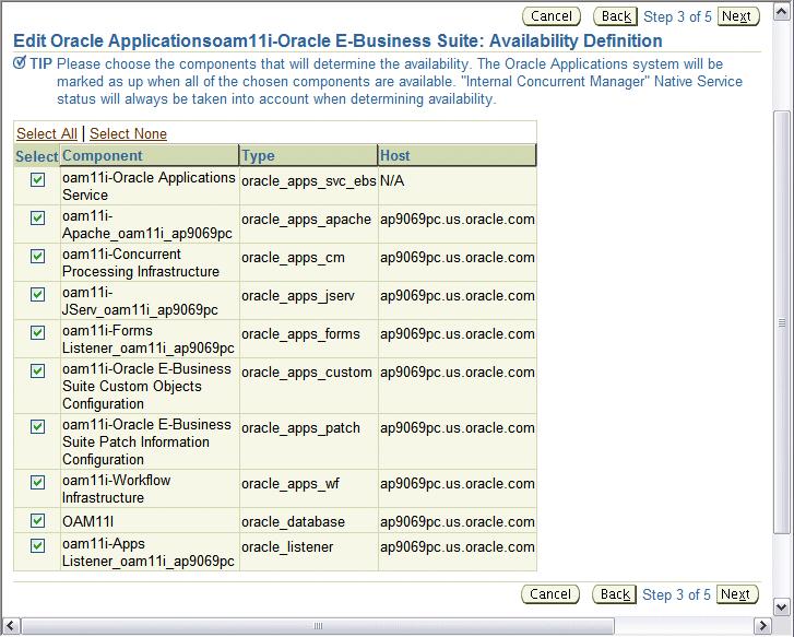 This page allows you to define the availability of your Oracle Applications system as a function of the availability of its member targets.