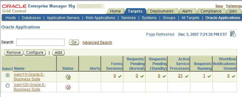 The Oracle Applications Page Access the Oracle Applications page by clicking on the Oracle Applications subtab under the Targets tab in Grid Control.