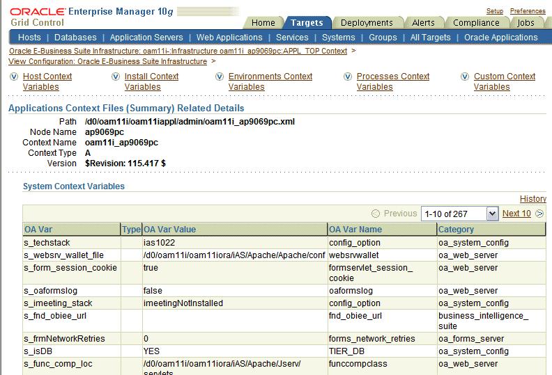 To view the context file for the database tier, within the administration view, click the icon next to "Database