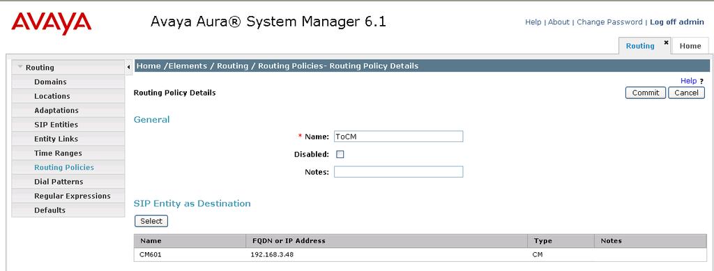 Routing Policy for Routing to Avaya Aura Communication Manager from Sprint Step 1 - In the left pane under Routing, click on Routing Policies. In the Routing Policies page click on New (not shown).