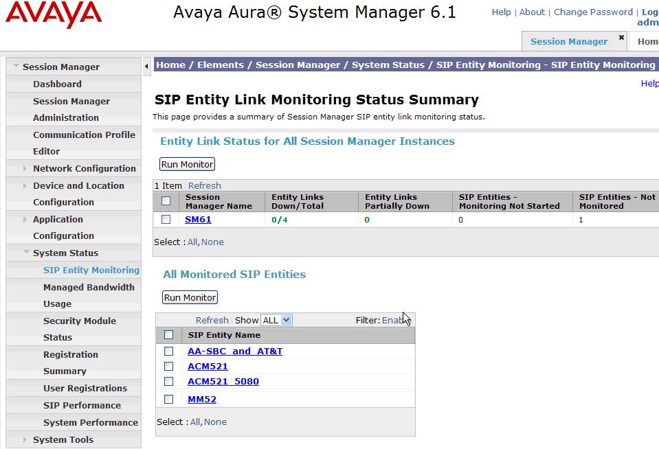 Step 3 From the list of monitored entities, select an entity of interest, such as AA- SBC_and_AT&T.