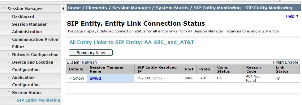The Reason Code column indicates that the SBC has responded to SIP OPTIONS from Session Manager with a SIP 404