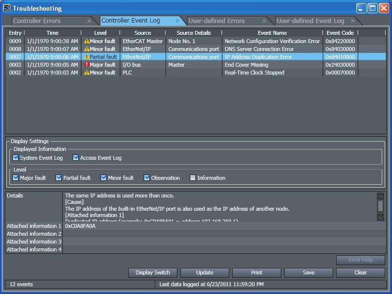 2 Troubleshooting Methods Displaying Event Logs with the Sysmac Studio With Sysmac Studio, you can check a log of the Controller events that previously occurred on the Controller Event Log Tab Page.