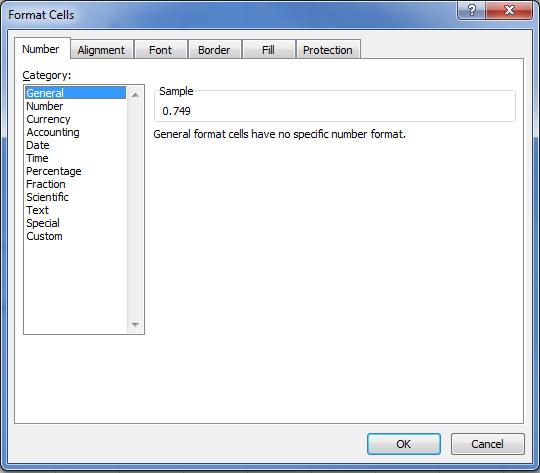 Figure 11 - Format Cells Dialog (Number) The Number tab (Figure 11) in the Format Cells dialog allows you to select the display format of the selected cell(s). It defaults to General.