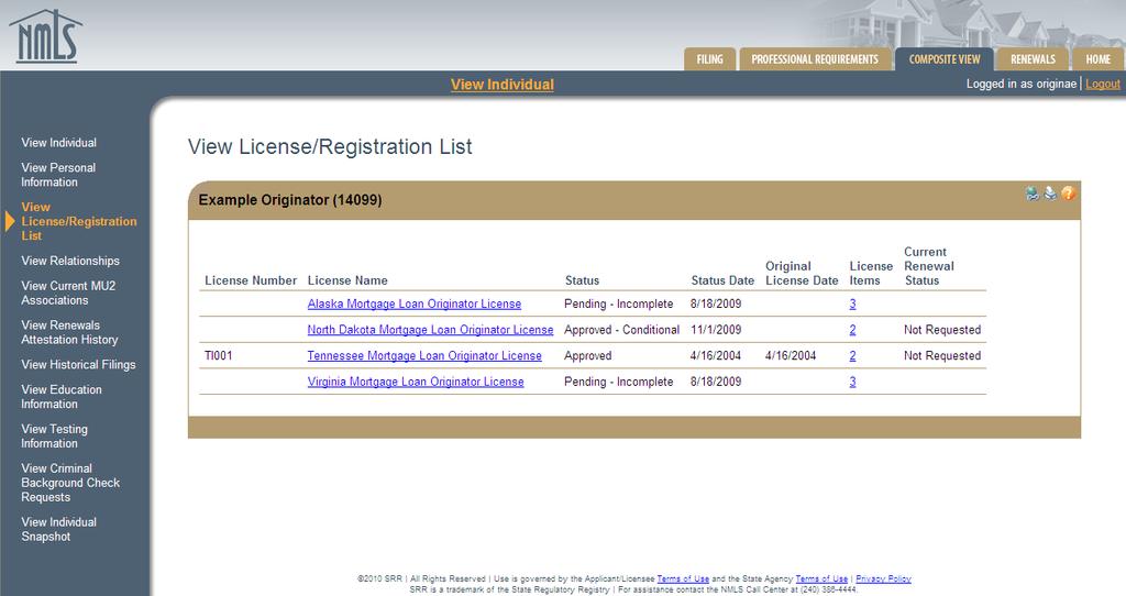 Click View License/Registration List on the left navigation panel. Filings you have submitted will appear with the current status.