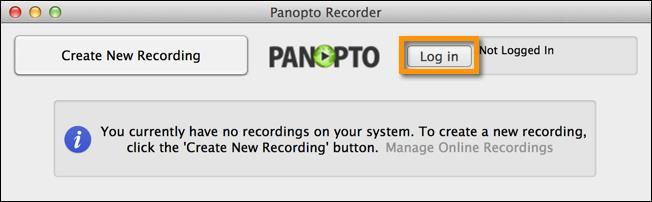 4. Once the Panopto Recorder is open, select Log in. 5. In the Server: field, type: sandbox.uicapture.uiowa.edu.