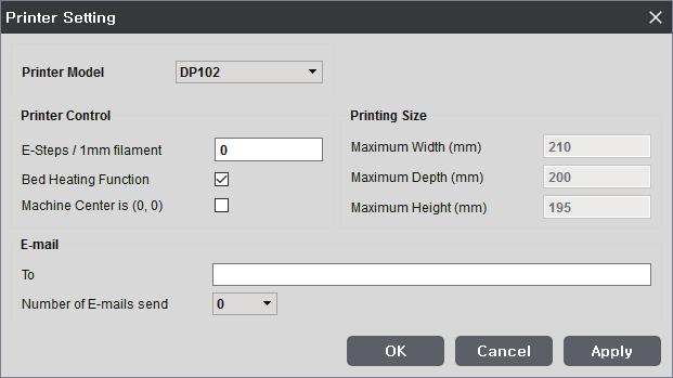 - Origin Correction (Bed center): Automatically controls model to be always positioned in center of prin ter bed. - Maximum Printing Size: Insert maximum printable size of the connected printer.