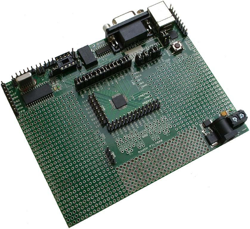 Board orientation 2a AN231K04-DVLPx Development Kit board Small footprint Board 4.8 x 3.8 inches. Serial or USB serial interface for downloading AnadigmDesigner 2 circuit files.