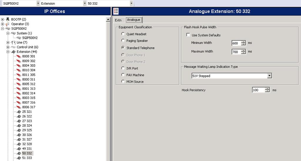 In the Extension window that appears, leave default values for all settings and select the Analogue tab. In that tab, select Standard Telephone for Equipment Classification.