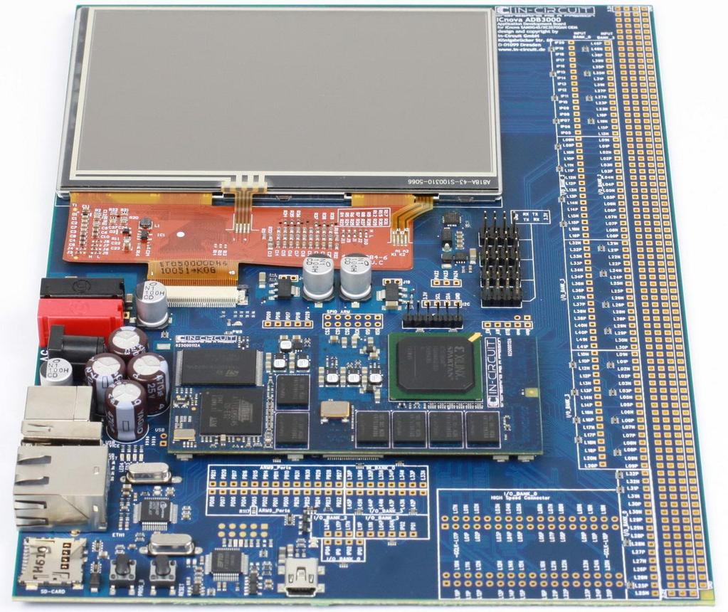 Evaluation and Development Complementary to the ICnova SAM9G45+XC3S700AN OEM, we offer the evaluation board ADB3000 and a corresponding starter kit with OEM board and 5 display.