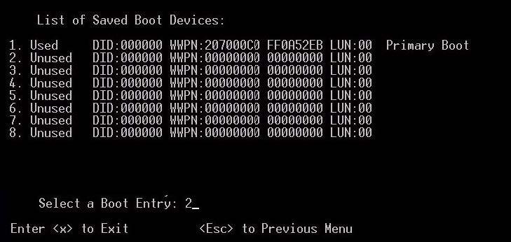 WWPN of the storage device as the Primary Boot entry.