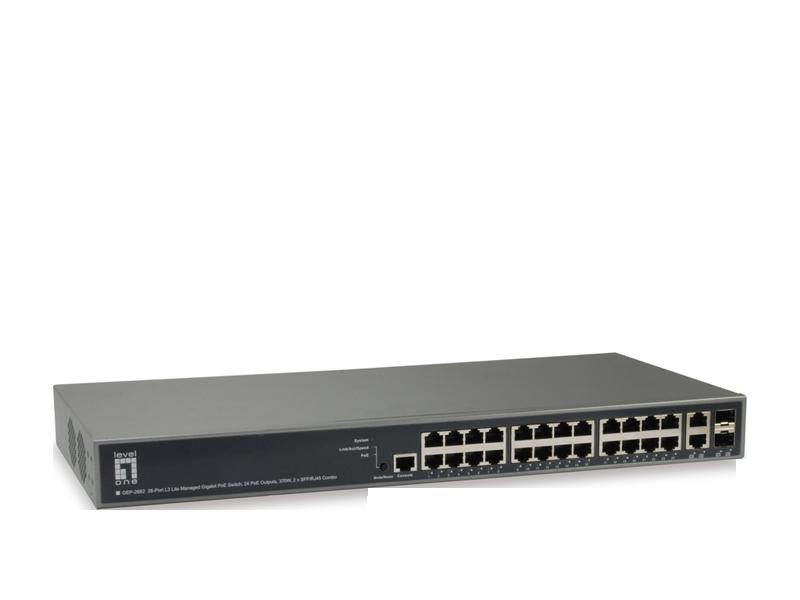 Enterprise networks via fiber or copper connections. LevelOne GEP-2682 delivers 24 (10M/100M/1000Mbps.) RJ45/PoE+ (Support 802.
