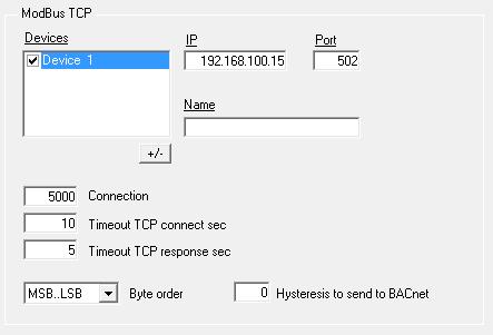 Device: Enter the BACnet device number for the gateway (must be unique inside the BACnet system). Device Name: Select the BACnet device name for the gateway (by default "Modbus TCP Gateway").