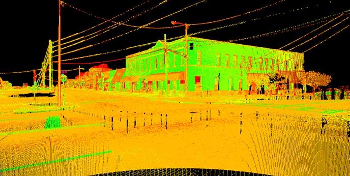 Leica Viva Do data flow right. Raw data scan of busy intersection shown with point intensity. Enhanced scan of above intersection with pixels colored from digital photographs.