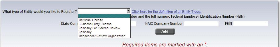 the Register Entity link on the left side of the Welcome page as shown in the example above.