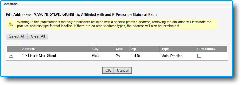 Note: If the practitioner is the only practitioner affiliated with a specific practice address, as stated in the warning window (as shown below),