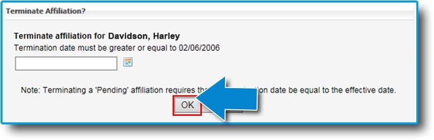 To terminate a hospital affiliation, first select X to the right of the institution name. You will be prompted to enter a termination date using the calendar icon.