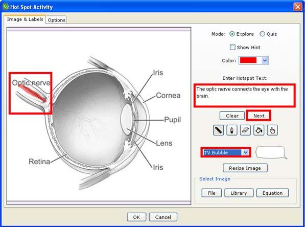 ) SoftChalk Image & Labels Tab To select your image, click either File, Library or Equation. For information about the options, see the section Activity Options Tab.