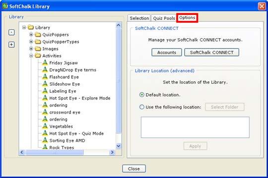 Library Options In the SoftChalk Library under the Options tab (see below) are settings for your Library.