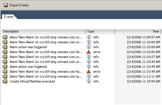 Chapter 3 Creating and Managing VMware Infrastructure Components Selecting Events displays alarms or informational messages. You can export them to a file by clicking Export Events.