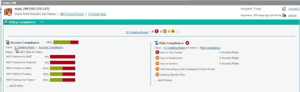 Skybox Firewall Assurance Getting Started Guide Working with Rule Compliance Rule Compliance is analyzed automatically after firewalls are imported via the wizard.