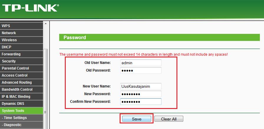 Old User Name admin, Old Password admin, New User Name (max. 14 sümbolit) määra uue kasutajanime, New Password määra uue parooli (max.