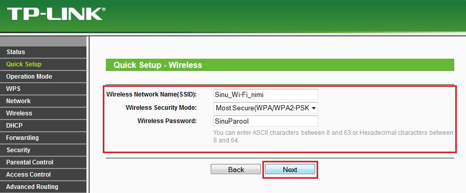 6) Oma seadete kinnitamiseks vajuta Reboot 7) Wi-Fi võrgu parooli