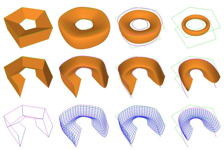 The refined curves are shown left. Each set of 4 vertices, one on each curve, controls a transversal curve (center).
