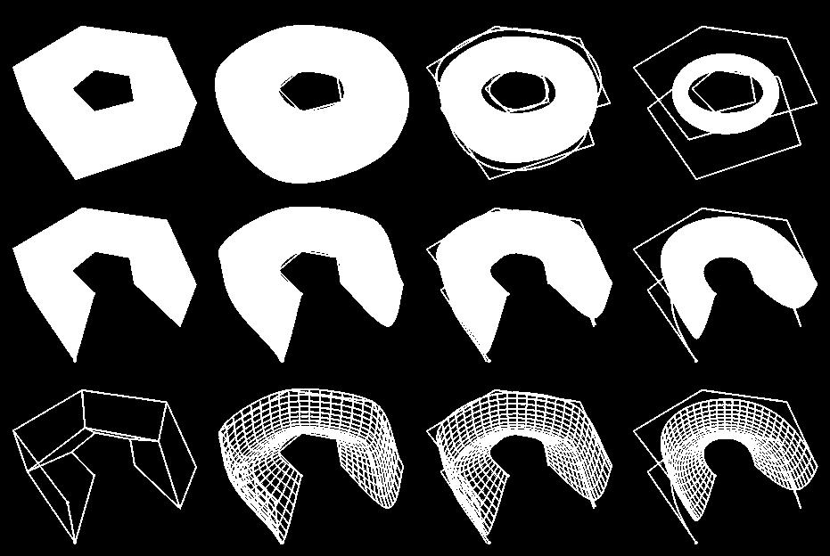 Below: The control polyhedron (left), *J 1 (center), and J r 5 J 12/8 (right) are shown for three control meshes.