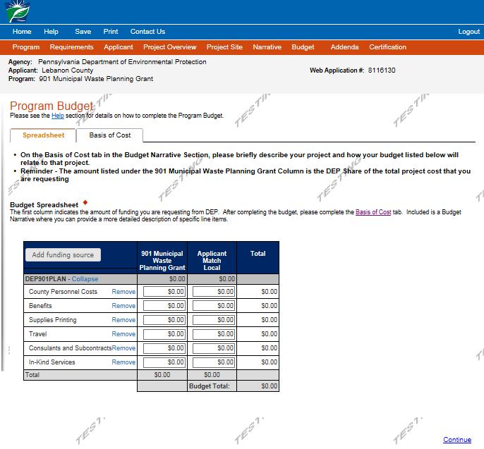 9. Program Budget There are two tabs on this page which need to be completed, Spreadsheet and Basis of Cost. Spreadsheet Tab Click on the Spreadsheet tab.