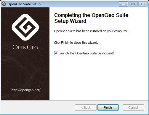 Figure 8: The OpenGeo Suite successfully installed For more information, please see the User Manual, which is available through the Dashboard, or in the Start Menu at Start Menu Programs OpenGeo