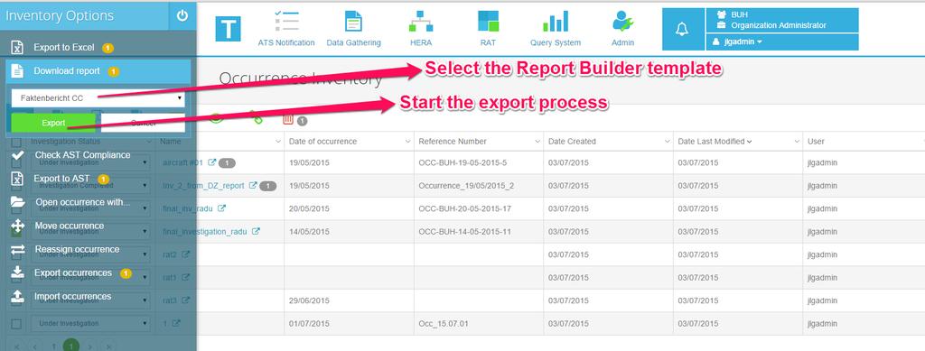 Figure 2-36 Taxonomy Export to Excel 2.7.2.2 Download report This feature offers the Organization manager the possibility to extract just certain fields from the investigation and build a PDF file through a Report Builder template.