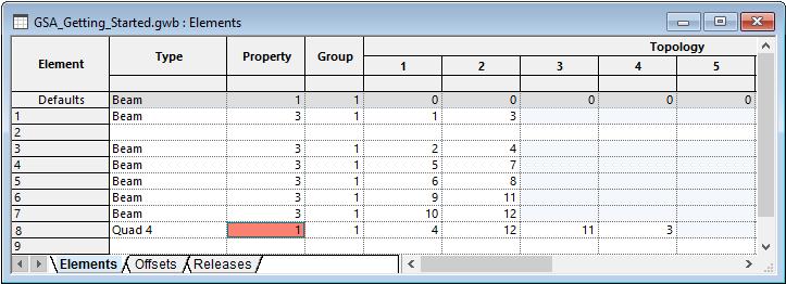 Checking the properties of your slab This shows you how to check the entries in an Element data table. 1. Open the Element data table to check your Quad 4 definition. 2.