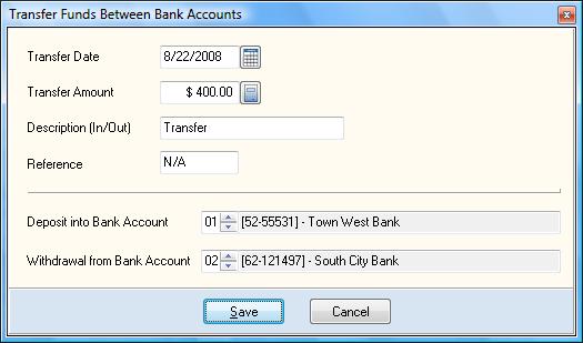 To transfer funds, click >Transfer and the system will prompt you for the following: Transfer Date Transfer Amount Description (In/Out) Reference Deposit into Bank Account Withdrawal from Bank