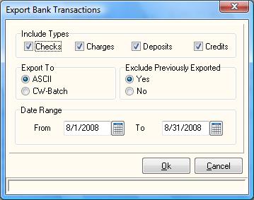 Bank Account: Select the bank account to merge. Include Types: Select which types of transactions to merge. You can choose Checks, Deposits, and/or Other.